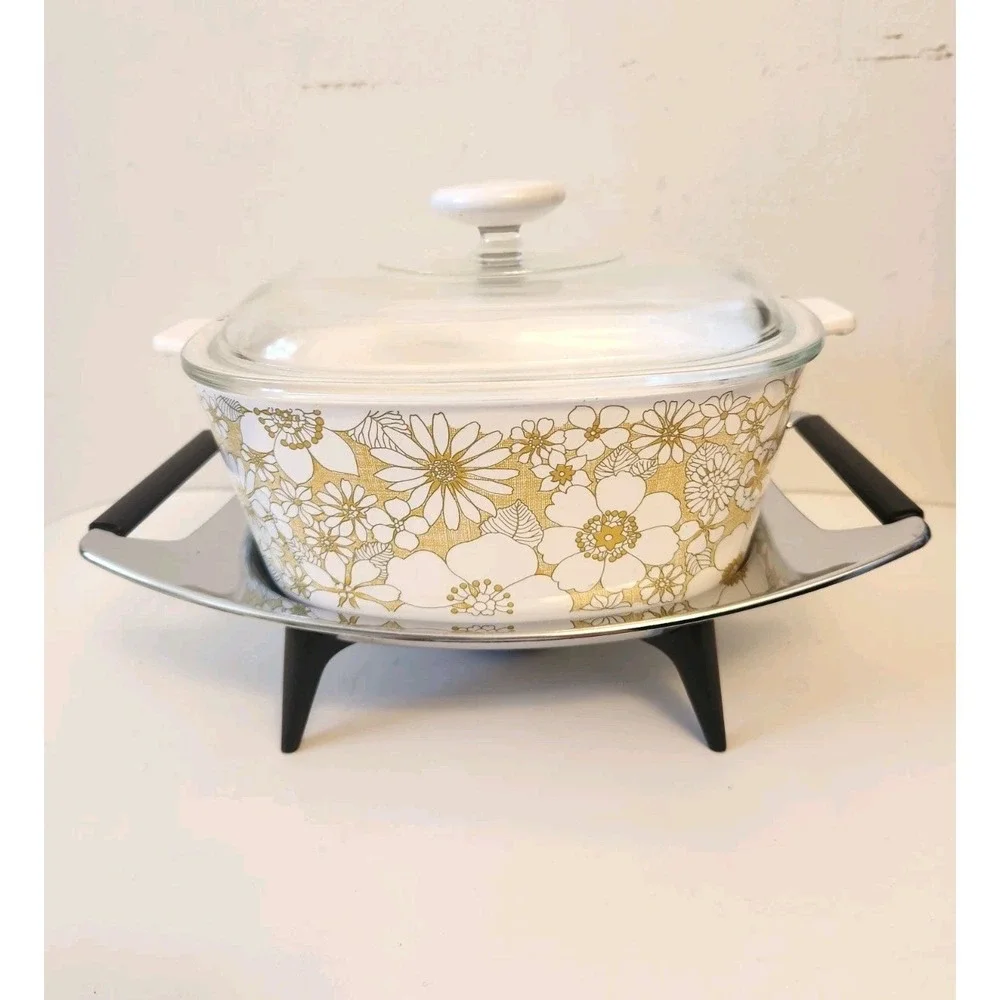 Vtg Corning Ware 1st Floral Bouquet Casserole With MCM Warmer P 2 1/2 B Qt RARE